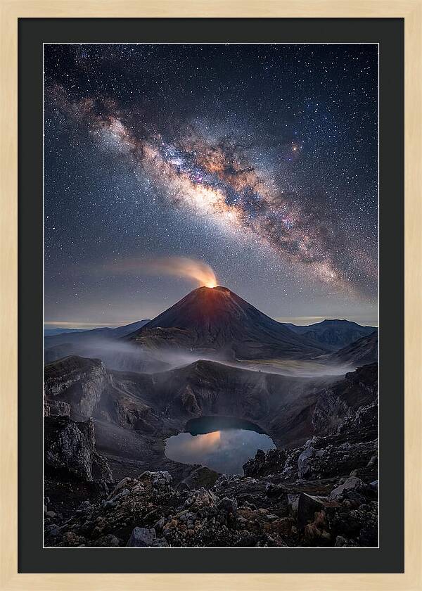 Milky Way Over Erupting Volcano