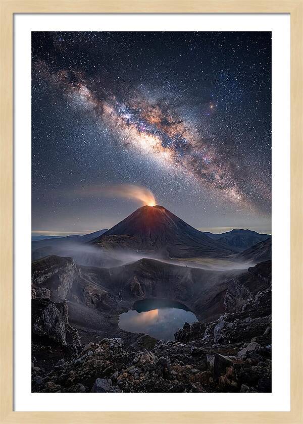 Milky Way Over Erupting Volcano