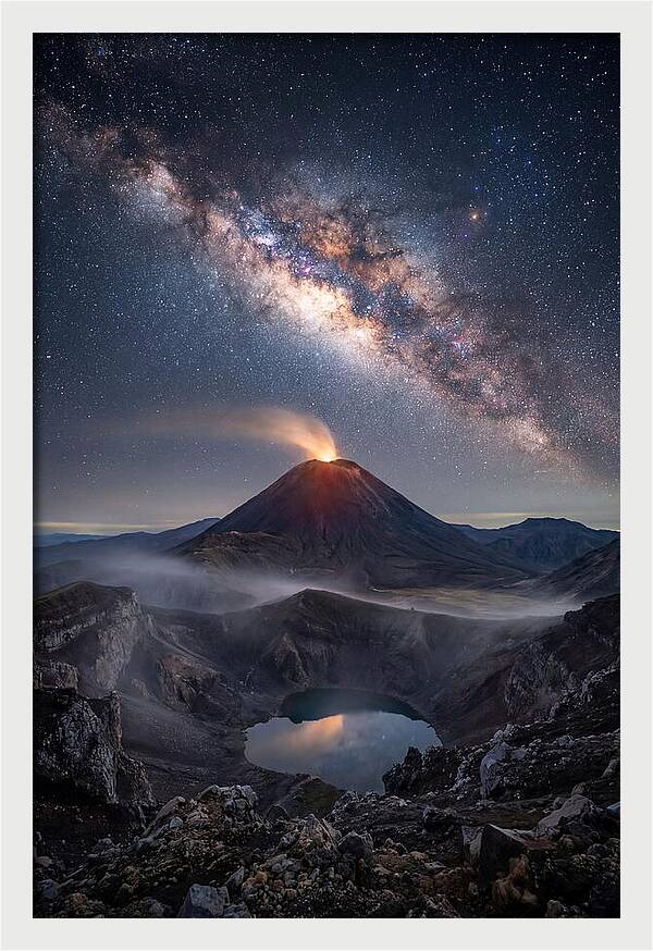 Milky Way Over Erupting Volcano