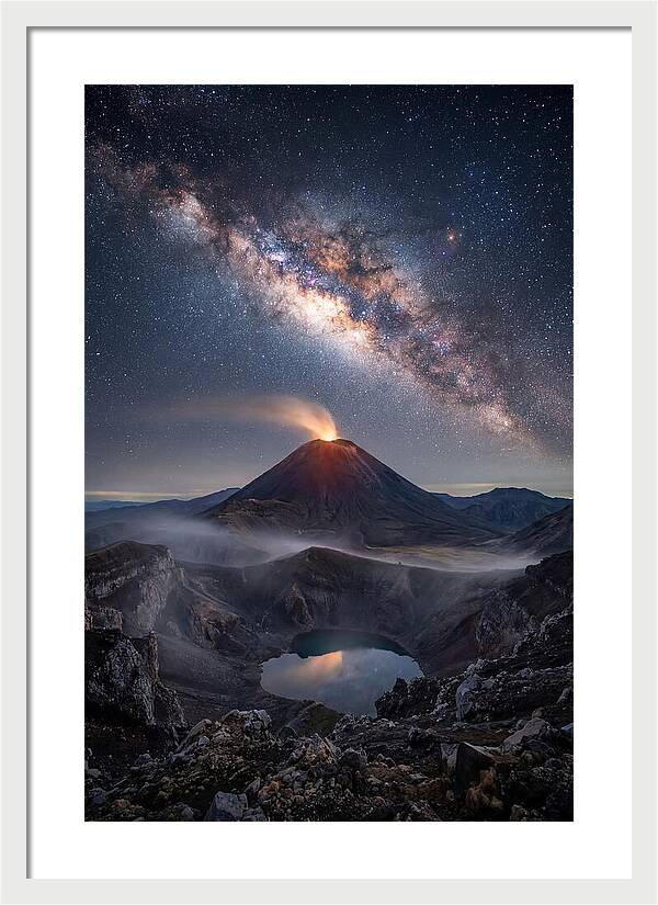 Milky Way Over Erupting Volcano