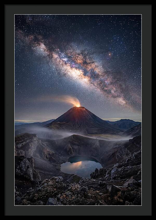 Milky Way Over Erupting Volcano