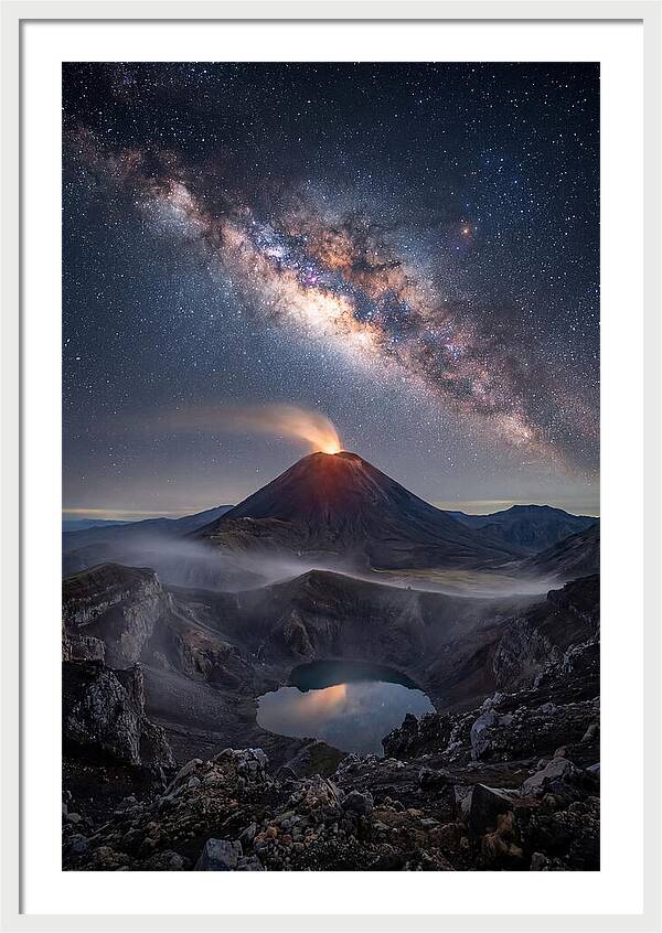 Milky Way Over Erupting Volcano