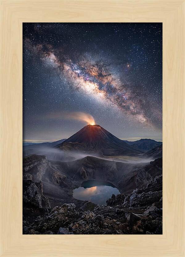 Milky Way Over Erupting Volcano