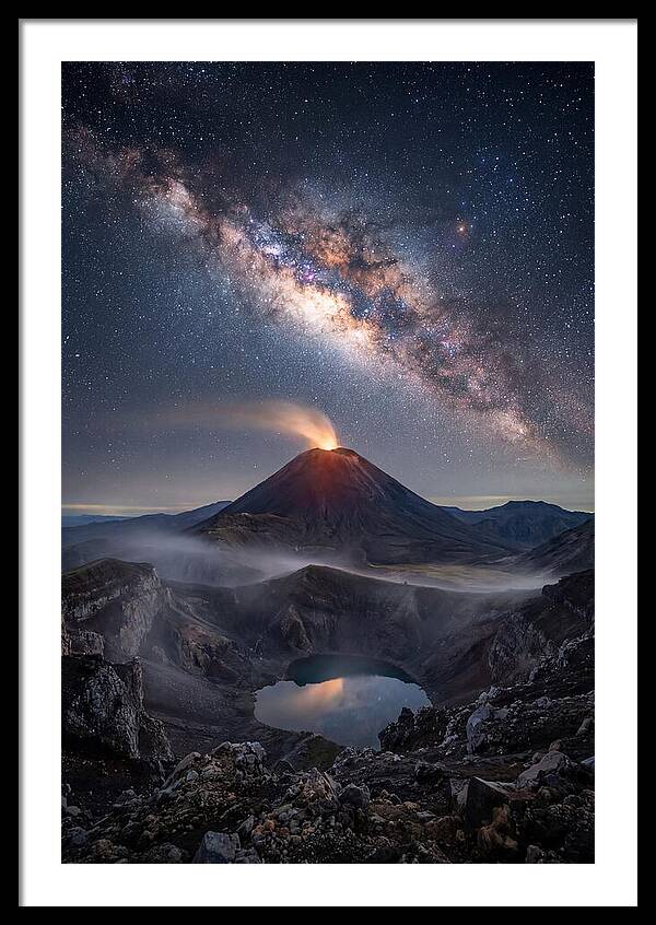 Milky Way Over Erupting Volcano