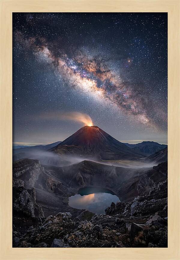 Milky Way Over Erupting Volcano