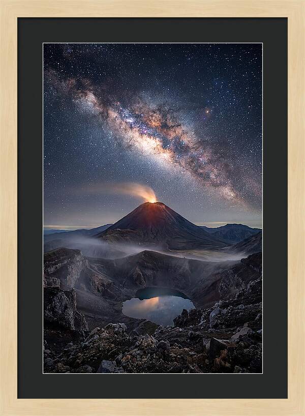 Milky Way Over Erupting Volcano
