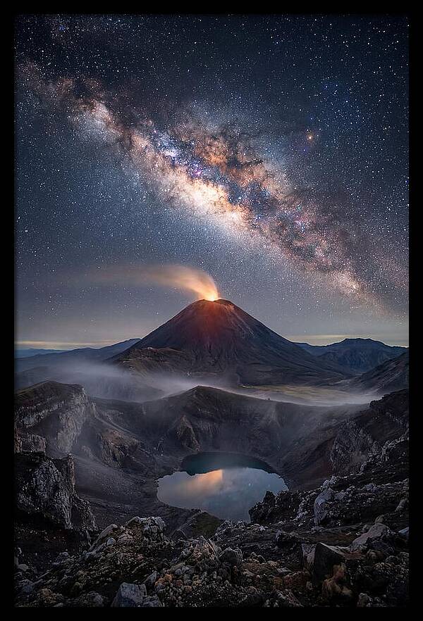 Milky Way Over Erupting Volcano