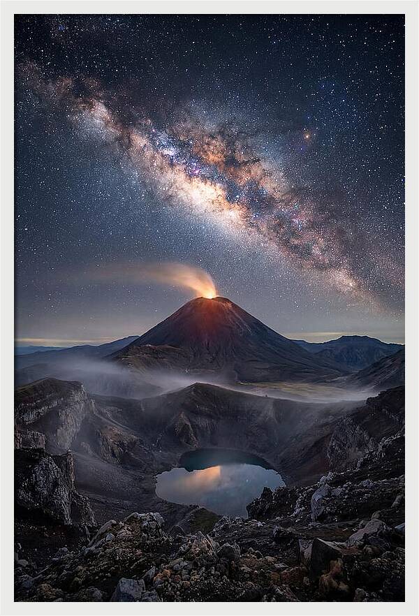 Milky Way Over Erupting Volcano