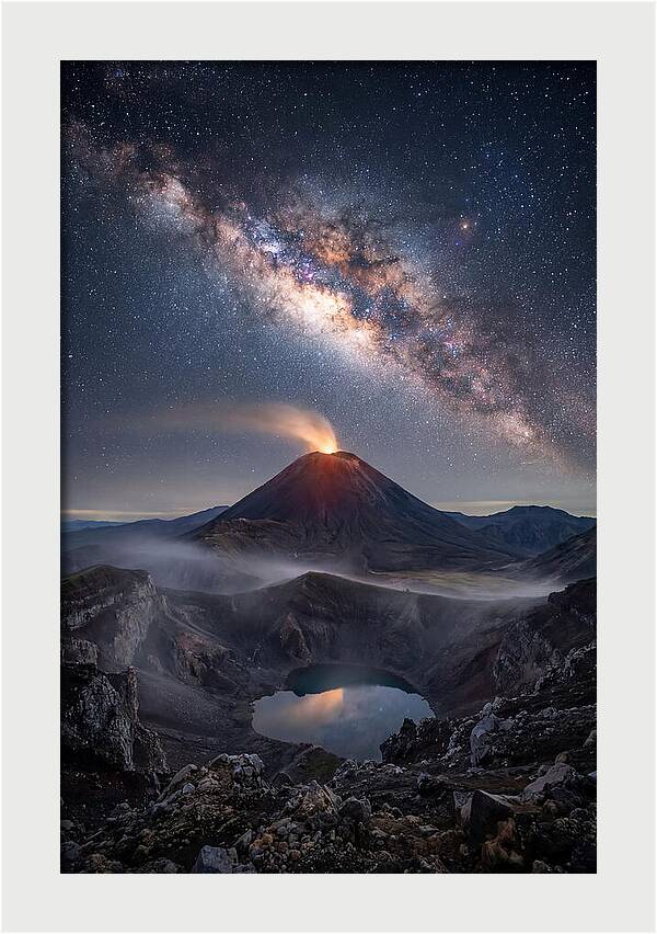 Milky Way Over Erupting Volcano
