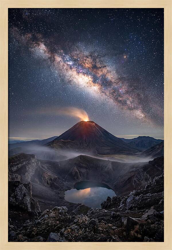 Milky Way Over Erupting Volcano