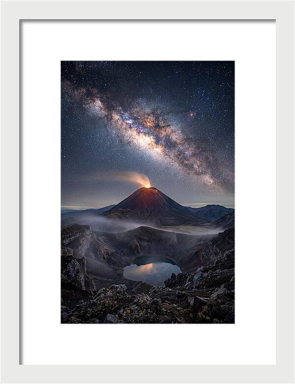 Milky Way Over Erupting Volcano