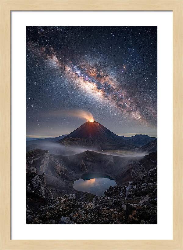 Milky Way Over Erupting Volcano