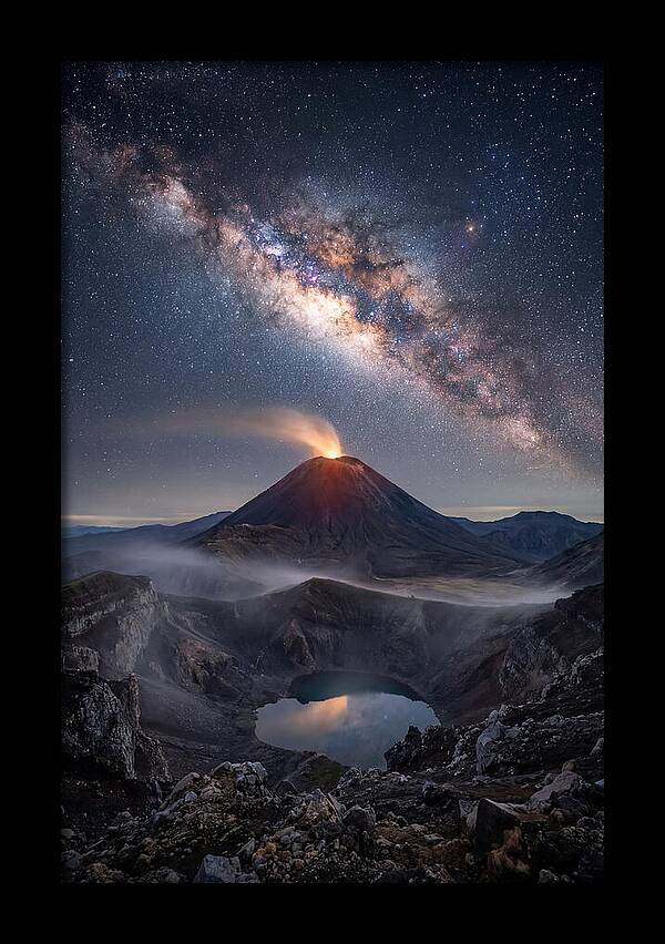 Milky Way Over Erupting Volcano
