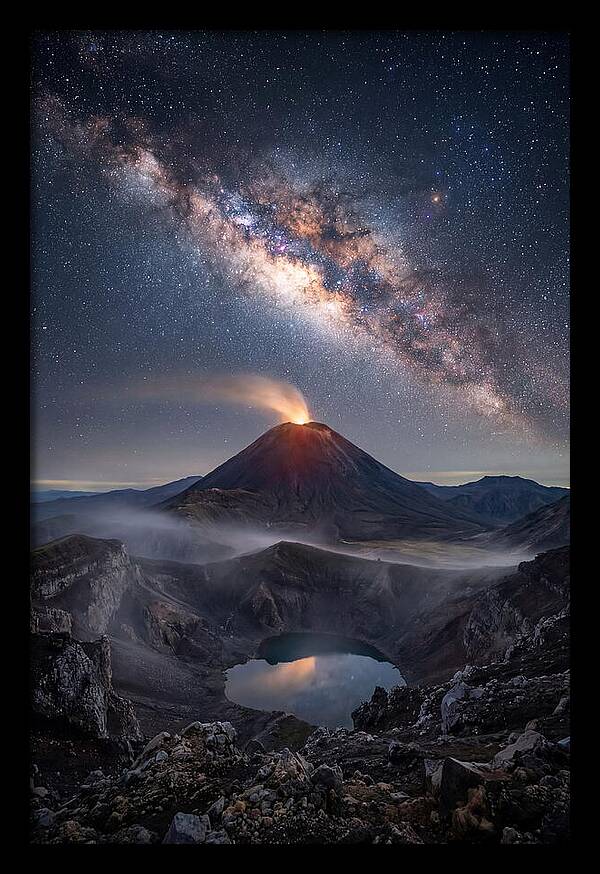 Milky Way Over Erupting Volcano