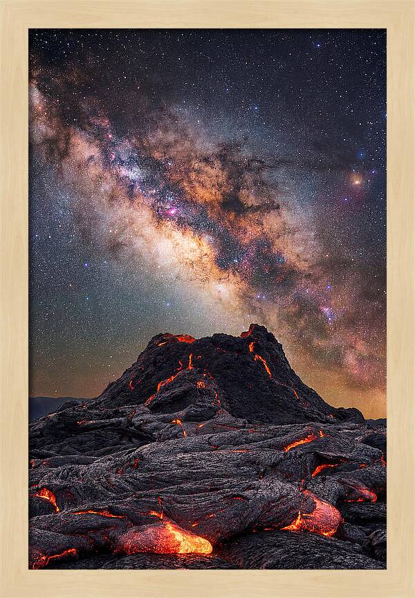 Milky Way Over Fiery Volcano