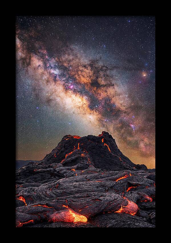 Milky Way Over Fiery Volcano