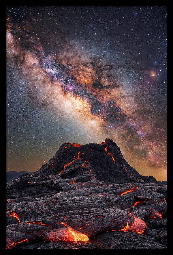 Milky Way Over Fiery Volcano