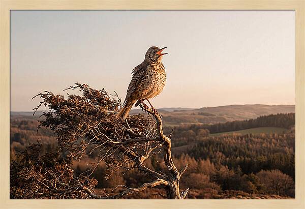 Mistle Thrush Singing At Dusk