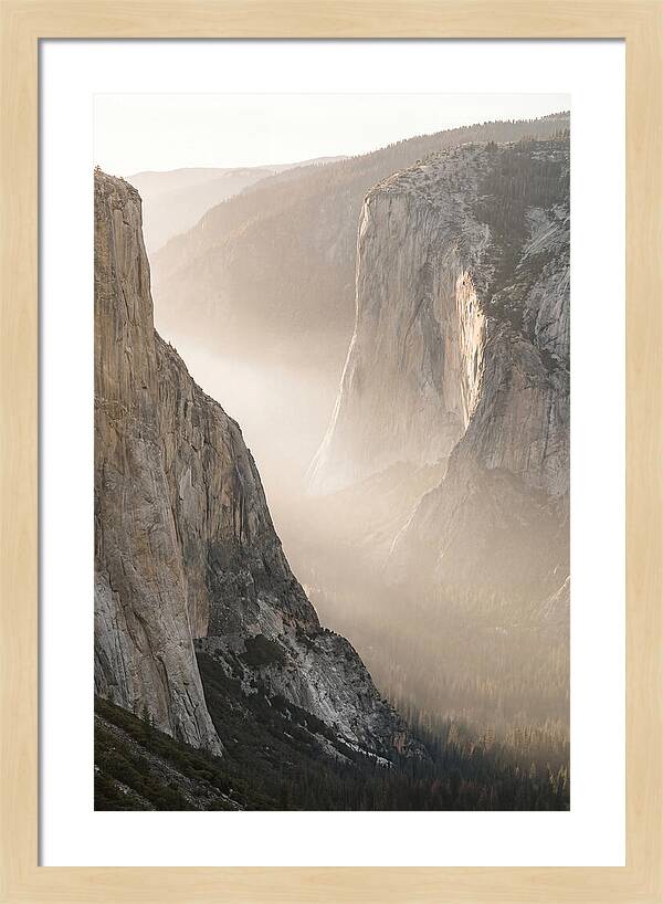 Misty Valley Between Towering Cliffs