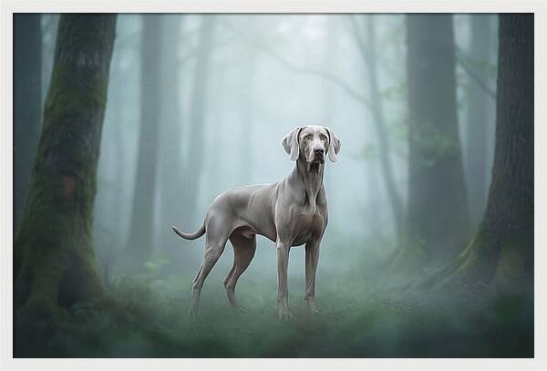 Misty Weimaraner In The Forest