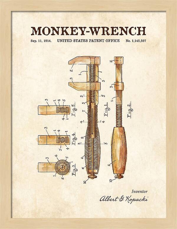 Monkey Wrench Watercolor Patent Us1145597a