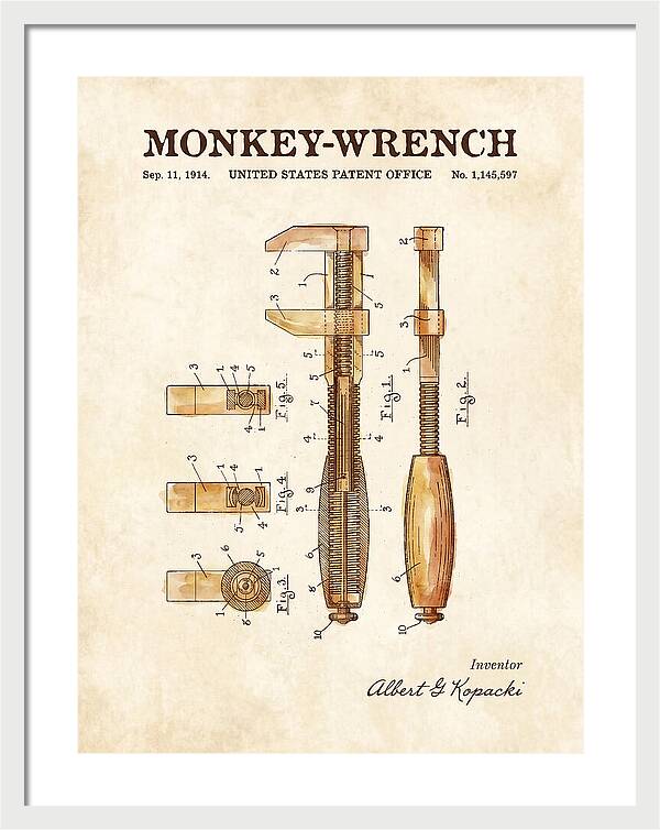 Monkey Wrench Watercolor Patent Us1145597a