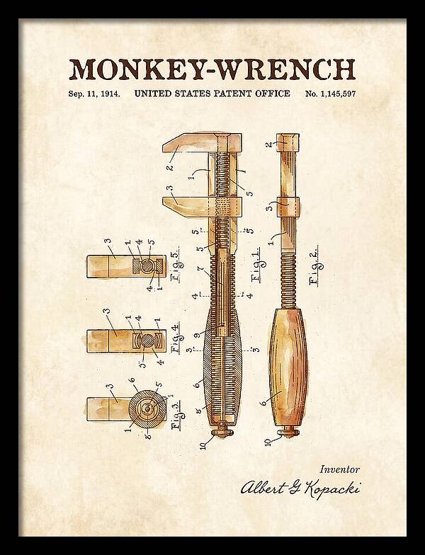 Monkey Wrench Watercolor Patent Us1145597a