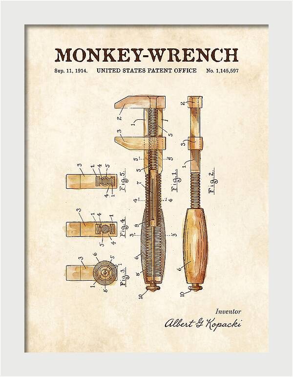 Monkey Wrench Watercolor Patent Us1145597a