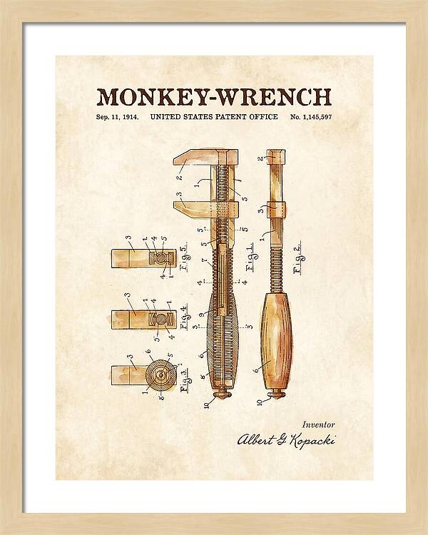 Monkey Wrench Watercolor Patent Us1145597a