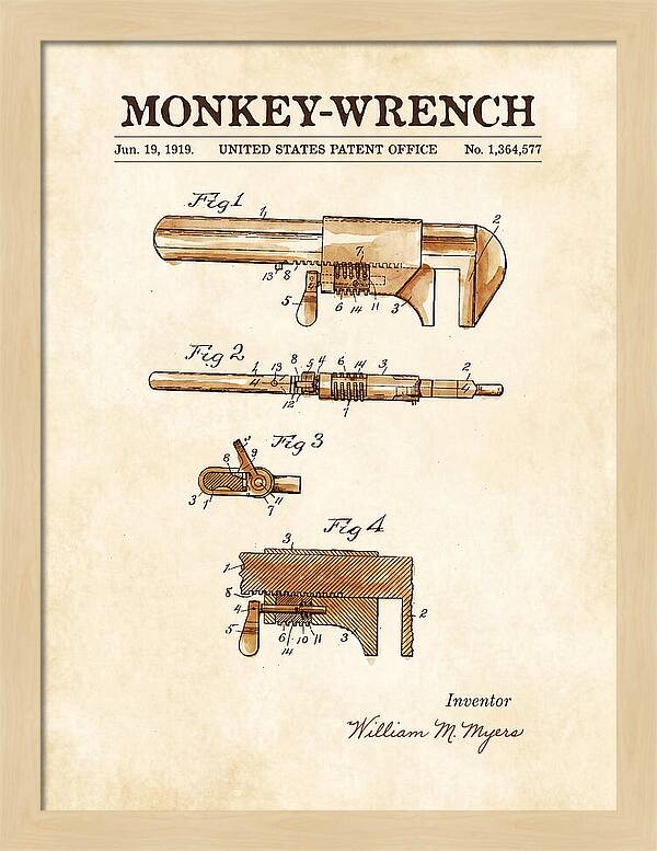 Monkey Wrench Watercolor Patent Us1364577a