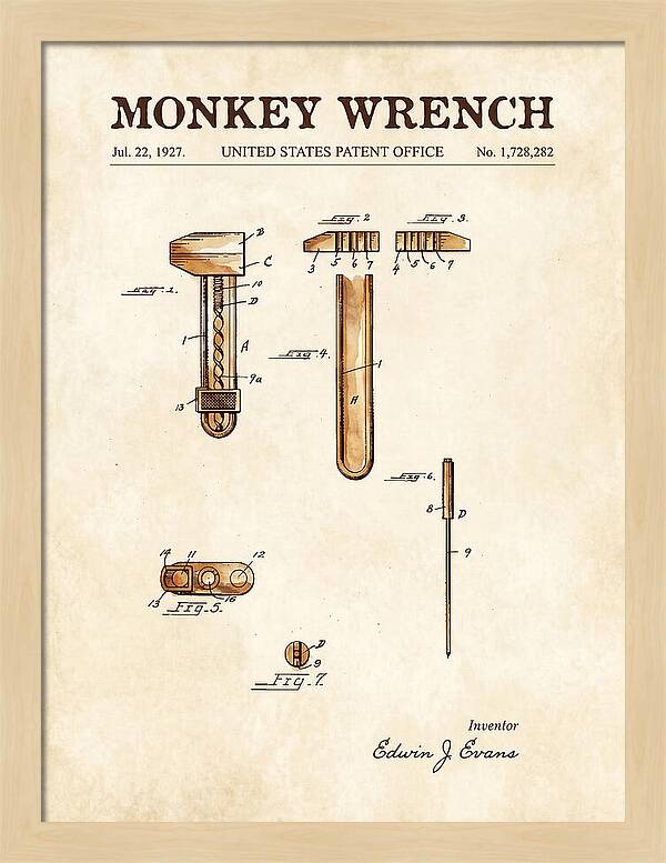 Monkey Wrench Watercolor Patent Us1728282a