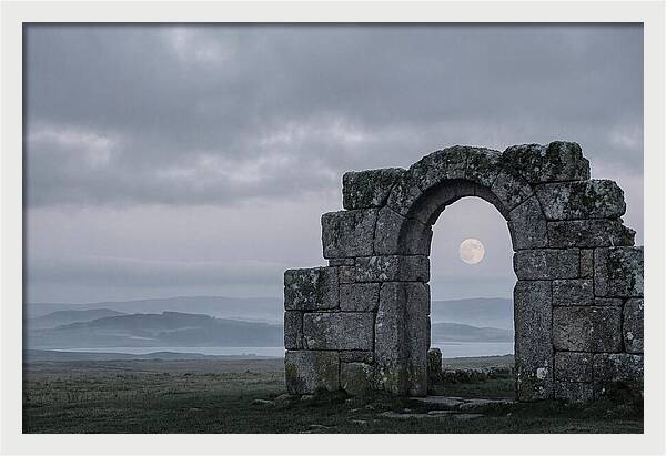 Moonrise Through Ancient Stone Doorway