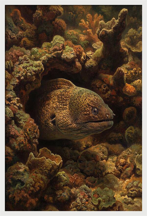 Moray Eel Peering From Coral Cave