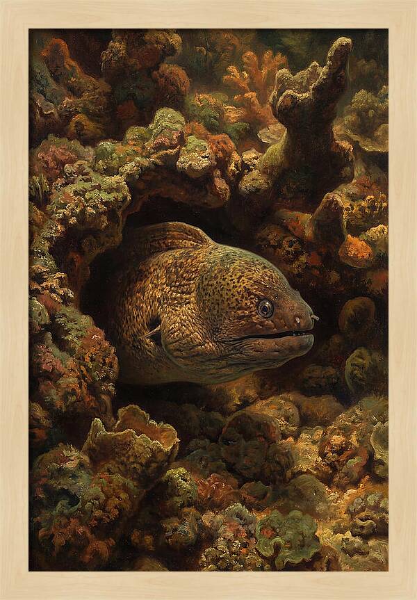 Moray Eel Peering From Coral Cave