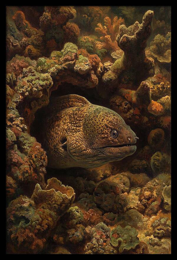 Moray Eel Peering From Coral Cave