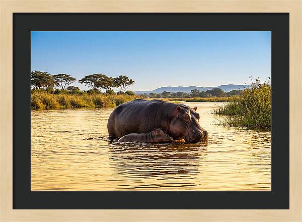 Mother Hippo And Calf In Serenity