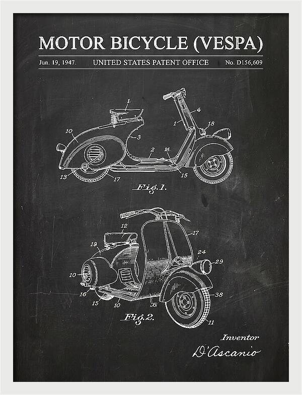 Motor Bicycle Vespa Chalkboard Patent Usd156609s