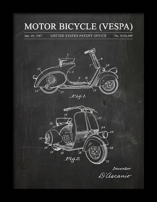 Motor Bicycle Vespa Chalkboard Patent Usd156609s