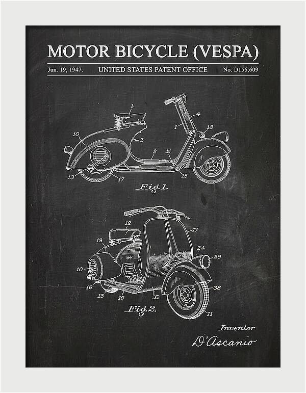 Motor Bicycle Vespa Chalkboard Patent Usd156609s
