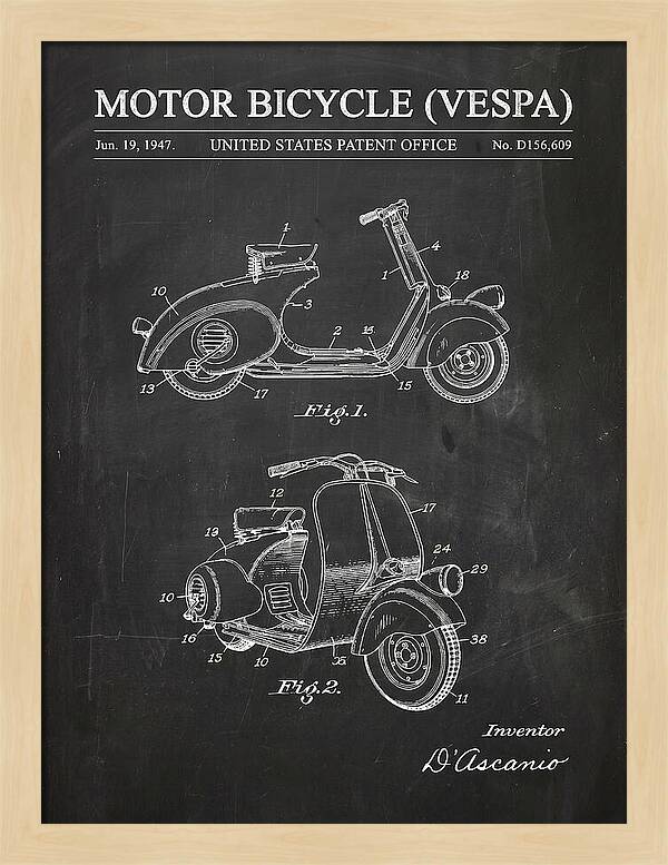 Motor Bicycle Vespa Chalkboard Patent Usd156609s