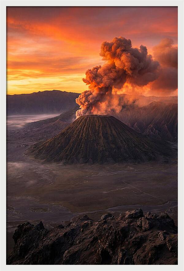 Mount Bromo Erupting At Sunrise