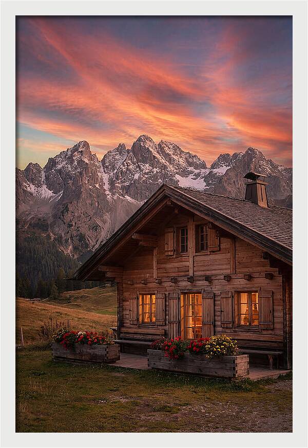 Mountain Chalet At Sunset