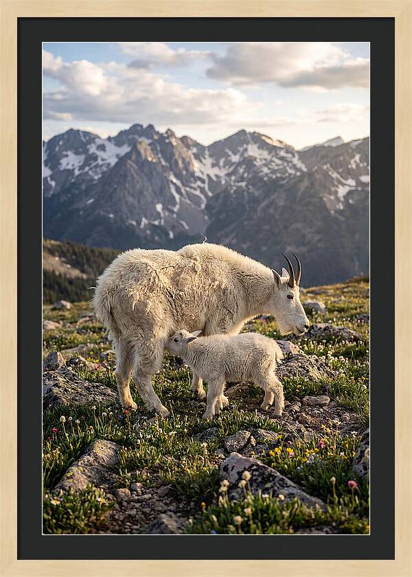 Mountain Goat And Kid In Nature