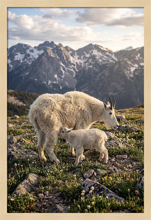 Mountain Goat And Kid In Nature