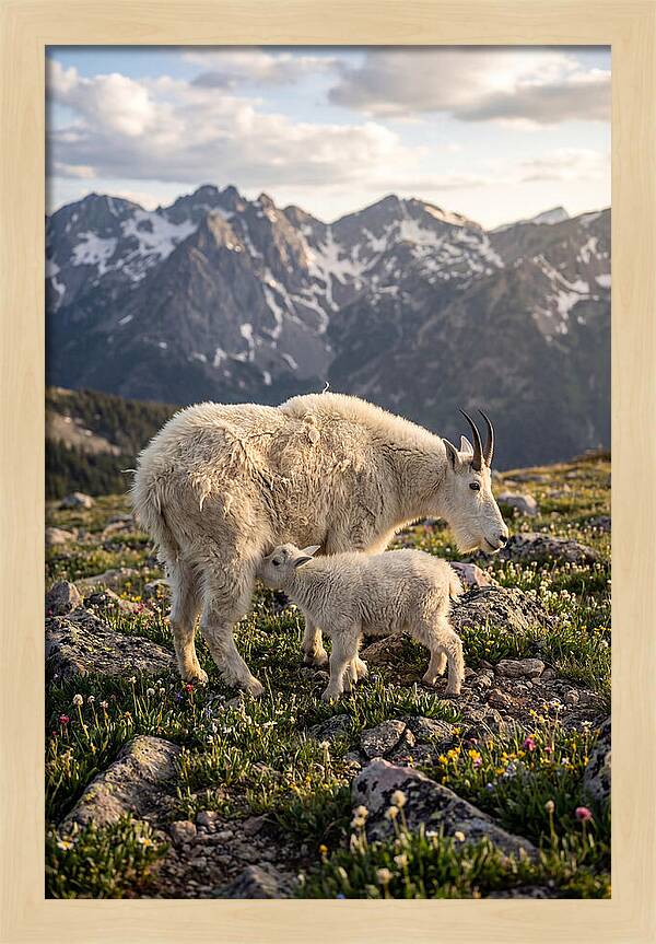 Mountain Goat And Kid In Nature