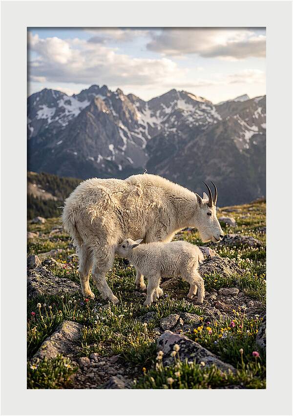 Mountain Goat And Kid In Nature