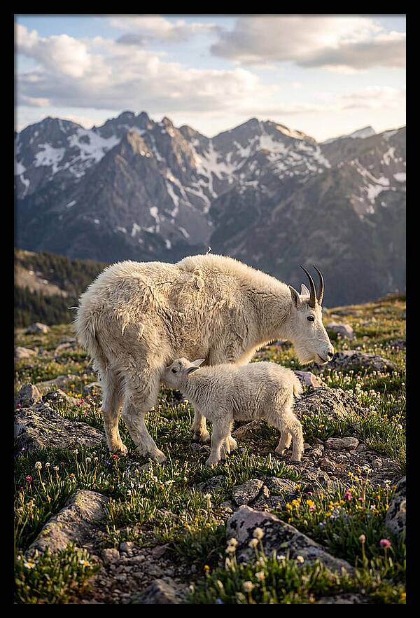 Mountain Goat And Kid In Nature