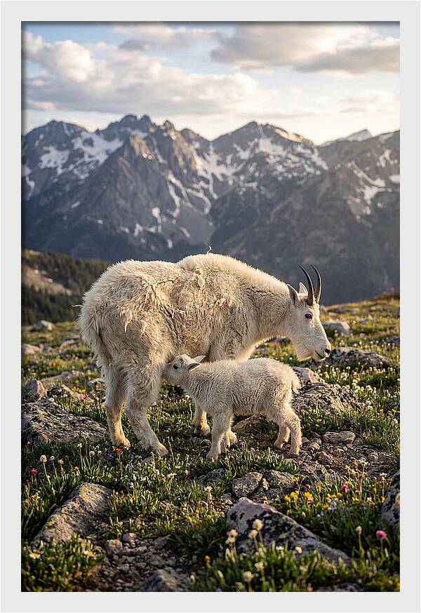 Mountain Goat And Kid In Nature