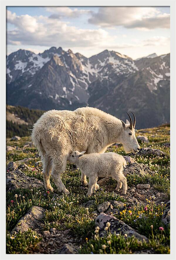 Mountain Goat And Kid In Nature