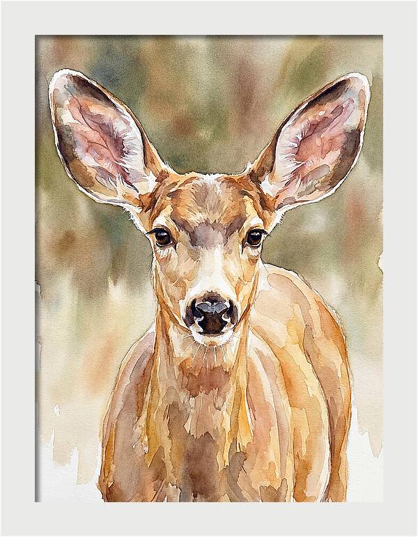 Mule Deer Portrait In Watercolor